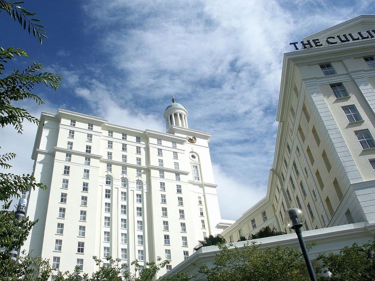 Hotel exterior at dusk